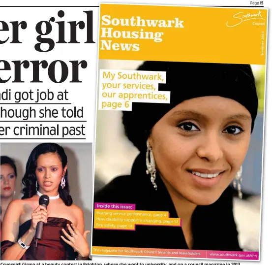  ??  ?? Covergirl: Girma at a beauty contest in Brighton, where she went to university, and on a council magazine in 2013