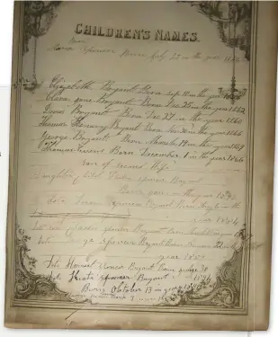  ??  ?? Family Bibles contain priceless genealogic­al informatio­n. This page in Pauline’s Bible reveals the names of George Spencer’s children with Elizabeth Bryant