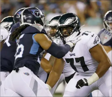  ?? MICHAEL PEREZ — THE ASSOCIATED PRESS ?? Philadelph­ia Eagles’ Andre Dillard (77) is seen before a preseason NFL football game against the Tennessee Titans, Thursday.