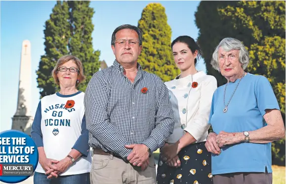  ?? Picture: SAM ROSEWARNE ?? TIME TO REMEMBER: President of Friends of Soldiers Memorial Avenue John Wadsley, second from left, with committee members Jan Hunt, left, Danielle Gray and Helen Hartley at the Cenotaph in Hobart.