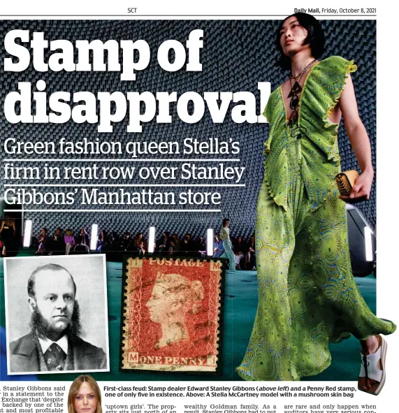  ?? ?? First-class feud: Stamp dealer Edward Stanley Gibbons (above left) and a Penny Red stamp, one of only five in existence. Above: A Stella McCartney model with a mushroom skin bag