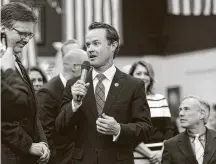  ?? Elizabeth Conley / Staff photograph­er ?? State Rep. Dade Phelan, shown talking to Lt. Gov. Dan Patrick in 2019, says he has bipartisan support to become speaker.