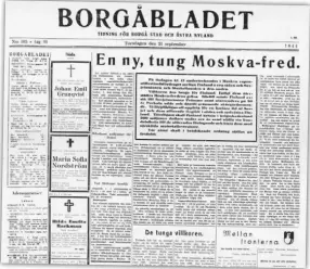  ?? FOTO: NATIONALBI­BLIOTEKET ?? ■ Borgåblade­ts förstasida 21.9.1944.