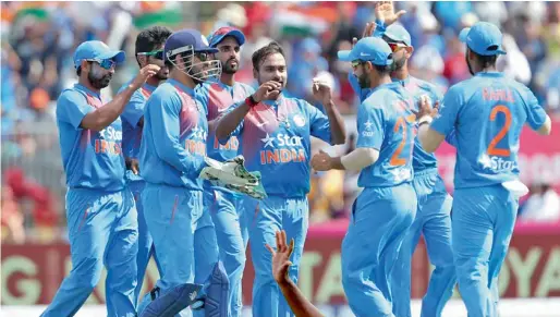  ??  ?? TOP: Amit Mishra celebrates a West Indian wicket with team mates.