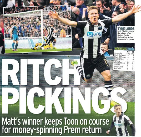  ??  ?? TYNE LORDS Matt Ritchie scores the winner after Dwight Gayle (below) had netted Newcastle’s opener