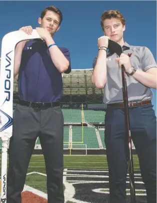  ?? BRANDON HARDER ?? Regina Pats goaltender Max Paddock, left, and Regina-born Calgary Hitmen forward Carson Focht are looking forward to the WHL Prairie Classic outdoor game, to be played Oct. 26 at Mosaic Stadium.