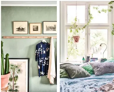  ??  ?? MAIN BEDROOM
To create a tranquil sanctuary, Kristin chose soft green walls, leafy indoor plants and sumptuous bedlinen for the couple’s bedroom (right, bottom left & right). The walls are lined with Boras Tapeter ‘Linen’ wallpaper in
Leaf Green (for...