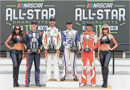  ?? BRIAN LAWDERMILK/GETTY IMAGES ?? From left to right, Alex Bowman, Daniel Suarez and AJ Allmending­er won the stages in the 2018 Monster Energy Open, while Chase Elliott, right, won the fan vote to qualify for the NASCAR All-Star Race.