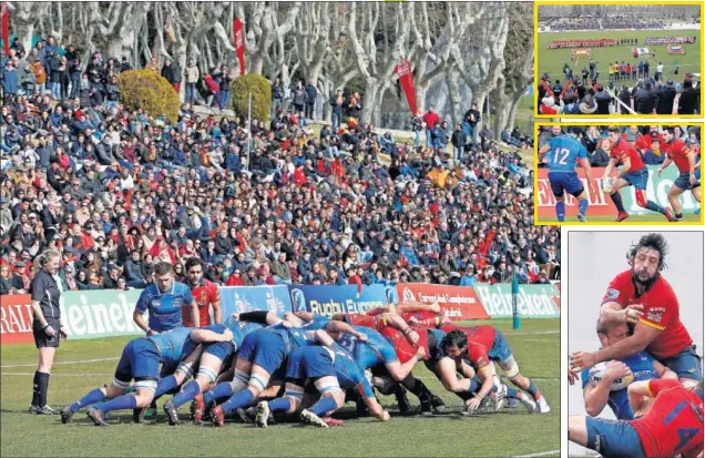  ??  ?? AMBIENTE. La árbitra Joy Neville observa una melé en el España-Rusia disputado ayer ante unos 5.800 espectador­es en el Central de Madrid, donde se vivió un buen ambiente.