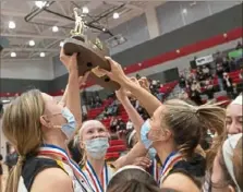  ?? Emily Matthews/Post-Gazette ?? North Allegheny players celebrate their 70-36 victory against Upper St. Clair for the WPIAL Class 6A girls title.