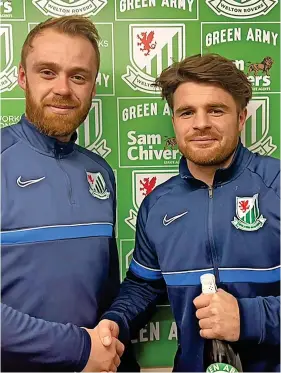  ?? Picture: Welton Rovers FC ?? Welton Rovers midfielder Lewis Hunt receives the man-of-the-match award following the 2-0 win against Cadbury Heath at West Clewes on Friday night