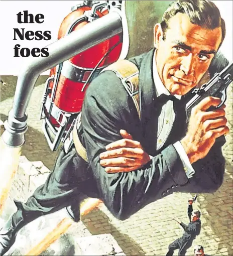  ??  ?? Sean Connery as 007 escapes in a jet pack from gunmen in the poster for 1965 007 movie Thunderbal­l, based on Ian Fleming’s spy thriller