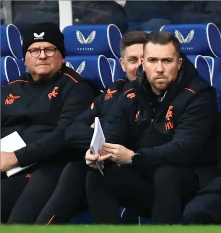  ?? ?? Michael Beale and his backroom staff watch the friendly victory