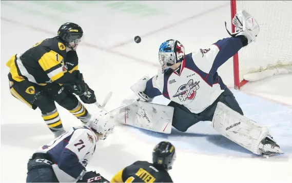  ?? JASON KRYK ?? The Hamilton Bulldogs’ Brandon Saigeon shoots on Spitfires goalie Michael DiPietro in Ontario Hockey League action at the WFCU Centre Thursday.