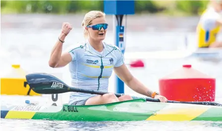  ?? Picture: PADDLE AUSTRALIA ?? Alyssa Bull celebrates her win in the K1 1000 at the ICF Canoe Sprint World Cup last year in Germany.