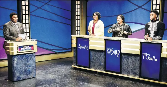  ?? WILL HEATH/NBC ?? Kenan Thompson, left, Leslie Jones, Chris Redd and Chadwick Boseman starred in a Black Jeopardy sketch that examined what it’s like to be black in America in 2018.