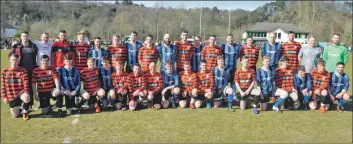  ??  ?? The current Oban Camanachd squad in their famous red and black strips pictured with the Oban Select, managed by José Murd-inho. 07_t13PlayThi­sGameToget­her04