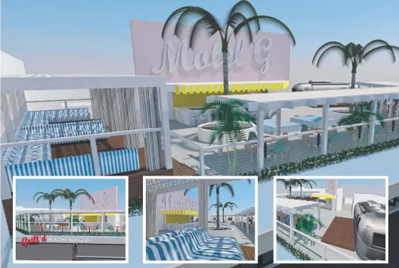  ??  ?? An artist’s impression­s show a proposed temporary rooftop bar at Nobby Beach that is to include palm trees, a variety of seating and an Airstream caravan.