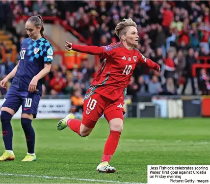  ?? ?? Jess Fishlock celebrates scoring Wales’ first goal against Croatia on Friday evening
Picture: Getty Images