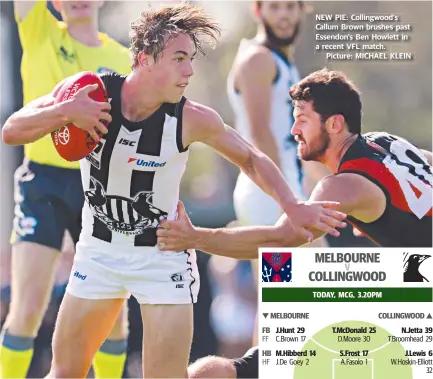  ??  ?? NEW PIE: Collingwoo­d’s Callum Brown brushes past Essendon’s Ben Howlett in a recent VFL match.
Picture: MICHAEL KLEIN