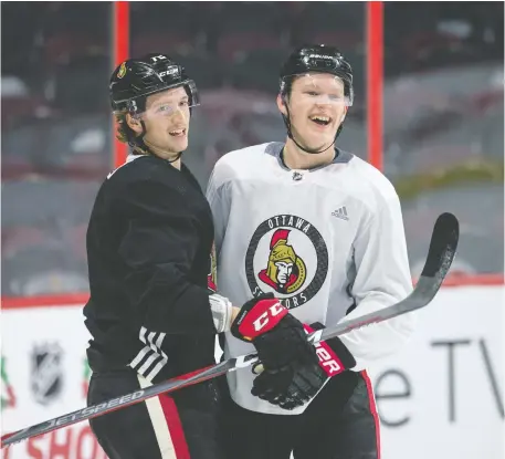  ?? WAYNE CUDDINGTON/FILES ?? Thomas Chabot, left, is already in Ottawa while teammate Brady Tkachuk will have to return from St. Louis and quarantine before the start of Senators training camp. The NHL's Gary Bettman and Bill Daly will provide an update on the upcoming season Thursday at 3:30 p.m.