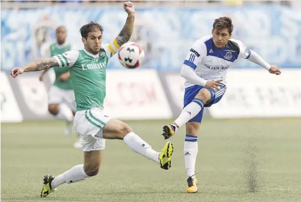  ?? IAN KUCERAK ?? FC Edmonton midfielder Dustin Corea, right, won’t be available to play against Miami FC this weekend. Instead, Correa will suit up for El Salvador’s national team in a friendly contest against Peru. The midfielder has been one of FC Edmonton’s best players this season.