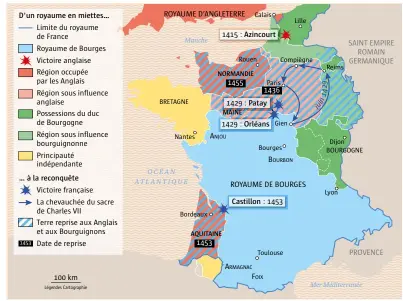  ??  ?? Les victoires anglaises depuis Azincourt en 1415 réduisent la France de Charles VII au royaume de Bourges. Anglais et Bourguigno­ns se partagent le reste du pays. Le siège d’orléans levé par Jeanne d’arc en 1429 est un moment de bascule et ouvre la...