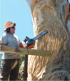  ??  ?? Chainsaw artist Paul Stafford works on his creation to carve mystical creature Odin, father of Thor, into the base of the tree at the southern entrance to Neerim South.