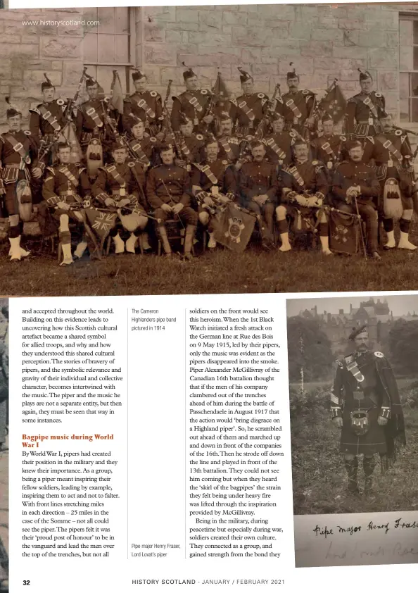  ??  ?? The Cameron Highlander­s pipe band pictured in 1914
Pipe major Henry Fraser, Lord Lovat’s piper