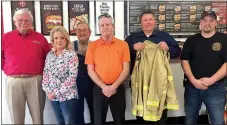  ?? Submitted Photo ?? Attending the awards presentati­on May 2 at Firehouse Subs in Bentonvill­e were Jim Maxwell (left), Firehouse Subs area representa­tive; Tracy Bush, Firehouse Subs franchisee; Rod Clardy, Gravette city councilman; Carl Rabey, Gravette finance director;...