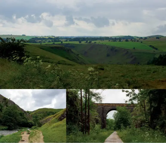  ?? ?? [Captions clockwise from top] Views of the dales between Coldeaton and Milldale; Tissington Trail with old railway bridge; Dovedale