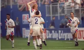  ?? Photograph: Shaun Botterill/Getty Images ?? Alexi Lalas celebrates his goal in the US victory over England in 1993.