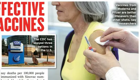  ?? ?? The CDC has okayed three options in
the U.S.
Vaccines from Moderna and Pfizer are better lifesavers than other shots, say
researcher­s
