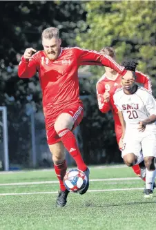  ?? MEMORIAL ATHLETICS PHOTO/ALLISON WRAGG ?? The Memorial Sea-hawks men's soccer team is looking for a couple of wins against the visiting Dalhousie Tigers in their final regular-season games of the 2019 AUS season this evening and Saturday afternoon at King George V Park. To get victories, a team has to score goals and that means the Seahawks will be counting on the likes of Kyle Williams, shown in action against the Saint Mary's Huskies early this season at KGV. The Memorial men have registered 14 goals this season and Williams has six of them.