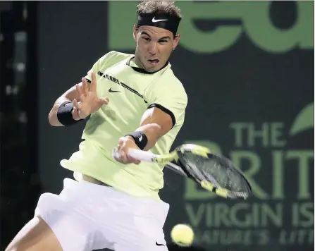  ??  ?? POWER PLAY: Spain’s Rafael Nadal plays a forehand during his 6-2 6-3 Miami Open quarter-final win over American Jack Sock yesterday. Picture: Reuters