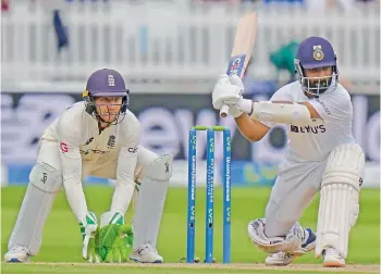  ?? — AP ?? India’s Ajinkya Rahane plays a shot on the fourth day of the second Test against England at Lord’s cricket ground in London on Sunday.