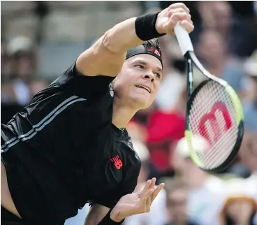  ?? AP PHOTO ?? Canada’s Milos Raonic returns the ball to Lucas Pouille during their semifinal match at the Stuttgart Open on Saturday. Raonic beat the Frenchman 6-4, 7-6 (3).