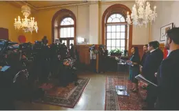  ??  ?? Mayor Valérie Plante speaks before a phalanx of cameras at a press conference in the Salon Maisonneuv­e, before the start of the monthly council meeting. The names of the various rooms at city hall, like this one, used for press conference­s, and the Salle Peter-McGill, where the executive committee meets, have been transferre­d to rooms in the Lucien Saulnier building.