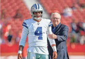  ?? KYLE TERADA/USA TODAY SPORTS ?? Quarterbac­k Dak Prescott now is in the final year of a four-year contract approved by owner Jerry Jones.