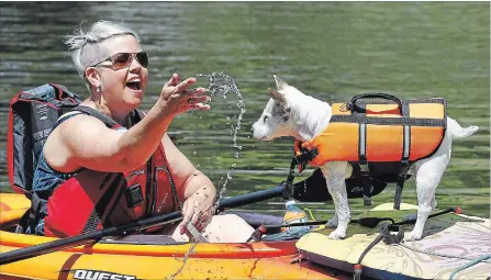  ?? CLIFFORD SKARSTEDT EXAMINER ?? Rosie the dog and Mo Ormiston cool off during hot 29.8 C weather on Friday at Beavermead Park. Environmen­t Canada has issued a heat warning.