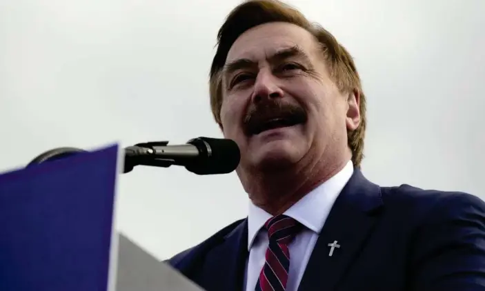  ?? Photograph: Meg Kinnard/AP ?? MyPillow CEO Mike Lindell speaks to a crowd gathered to hear former president Donald Trump, on12 March, in Florence, South Carolina.