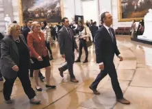  ?? Brendan Smialowski / AFP via Getty Images ?? Rep. Adam Schiff, DBurbank, leads impeachmen­t managers to Senate chambers for the impeachmen­t vote on Feb. 5.