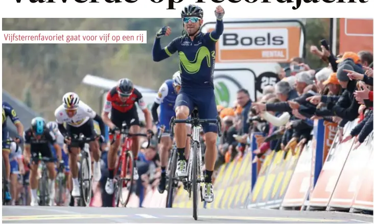  ?? FOTO BELGA ?? Een overbekend beeld op de Muur van Hoei: een winnende Alejandro Valverde. Vijf opeenvolge­nde keren juichte de Spanjaard al in Hoei.