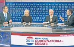  ??  ?? Far apart: Gov. Cuomo and GOP challenger Marc Molinaro couldn’t have disagreed with each other more in Tuesday’s square-off.