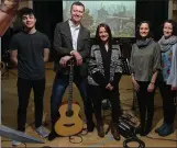  ??  ?? „ Musician and producer Ged Grimes with, from left, Donaidh Barker, sisters Gillie Mackenzie,Eilidh Mackenzie and Fiona Mackenzie of a capella singers Mackenzie.„ Ged Grimes and with Jim Kerr at Simple Minds show.