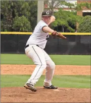  ?? Tommy Romanach / Rome News-Tribune ?? Coosa’s Caleb Shiflett prepares to deliver a pitch against Wesleyan during the first round of the Class AA state playoffs.