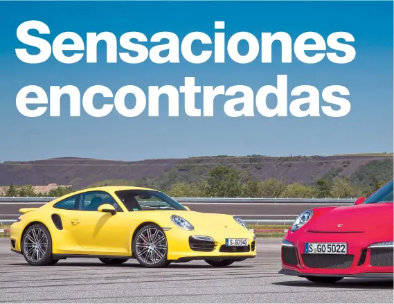  ??  ?? Pequeñas grande diferencia­s. Dentro de un estilo común, la estética del GT3 (rojo) le da un aspecto más radical. El Turbo S, en cambio, exhibe su deportivid­ad con eleg