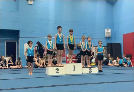  ??  ?? Baskervill­es gymnasts in the under-9 3-3.5-hours-a-week category, from left, Reggie Hodges, Finley Thyer, Lloris Corke, Alex Jenkin, Conrad Else, Toby Hemborough and Ewan Miller