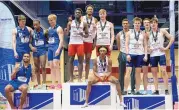  ?? ROBERTO E. ROSALES/JOURNAL ?? The UNM men’s mile relay team, middle, of Rivaldo Leacock, Jevon O’Bryant, Brodie Young and Jovahn Williamson stand on the podium with their gold medals.