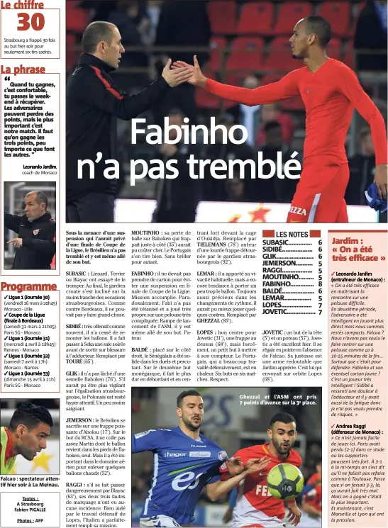  ?? Photos : AFP ?? Strasbourg a frappé  fois au but hier soir pour seulement six tirs cadrés. Falcao : spectateur attentif hier soir à La Meinau. Ghezzal et l’ASM ont pris  points d’avance sur la e place. ✓ Leonardo Jardim (entraîneur de Monaco) : ✓ Andrea Raggi...